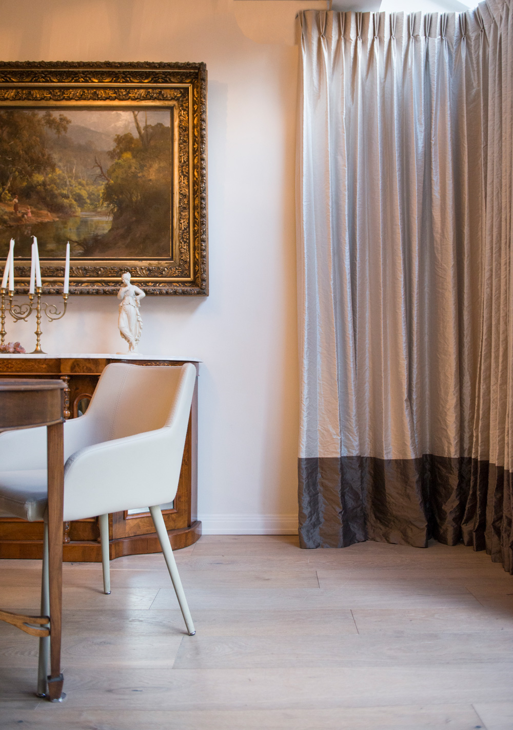 Contemporary curtains Toorak Interior secrets Fabric curtains Beige dining chairs Marble statue Interior design renovation Natasha Walker Interiors Toorak Studio elwood art Globe west Freedom jute rug
