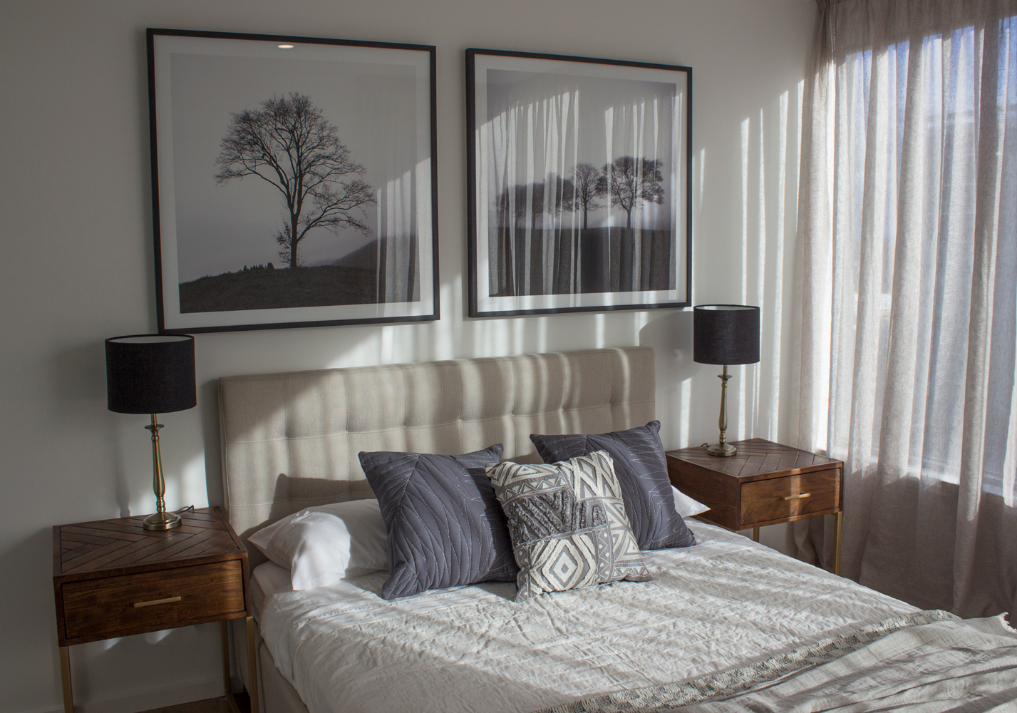 Master Bedroom Boys room Bedside lamps Black shade Herringbone bedside tables Rug under the bed Artwork above bed Modern bedroom Contemporary bedroom Custom bedhead Room on a budget Vm Design Doona cover How to dress a bed How to style pillows on a bed Casper dulux white Furniture stylist Melbourne Master bedroom trends 2022 Master bedroom interior design