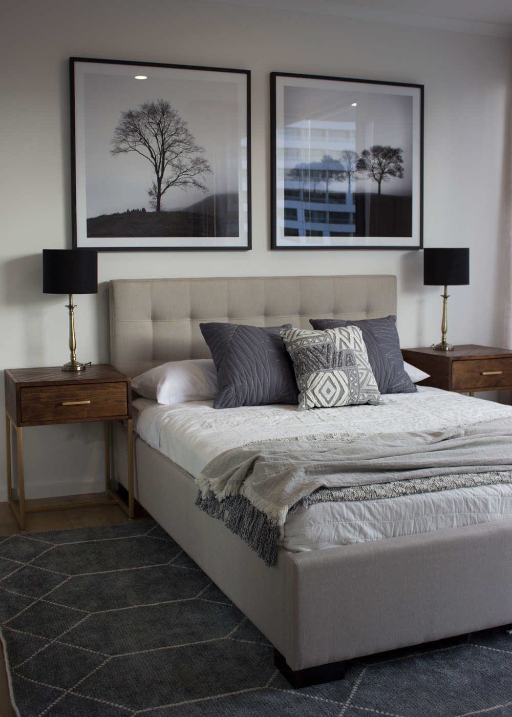 Home furnishings design Modern apartment living Apartment living Apartment interiors Melbourne South Melbourne apartment Interior design ideas Home interior design ideas Bedroom pillows Pillow layout Bedhead Bedside lamps with black shade Cushions The block artwork Big ideas small spaces Bedroom styling Bedroom cushions Bedroom accessories