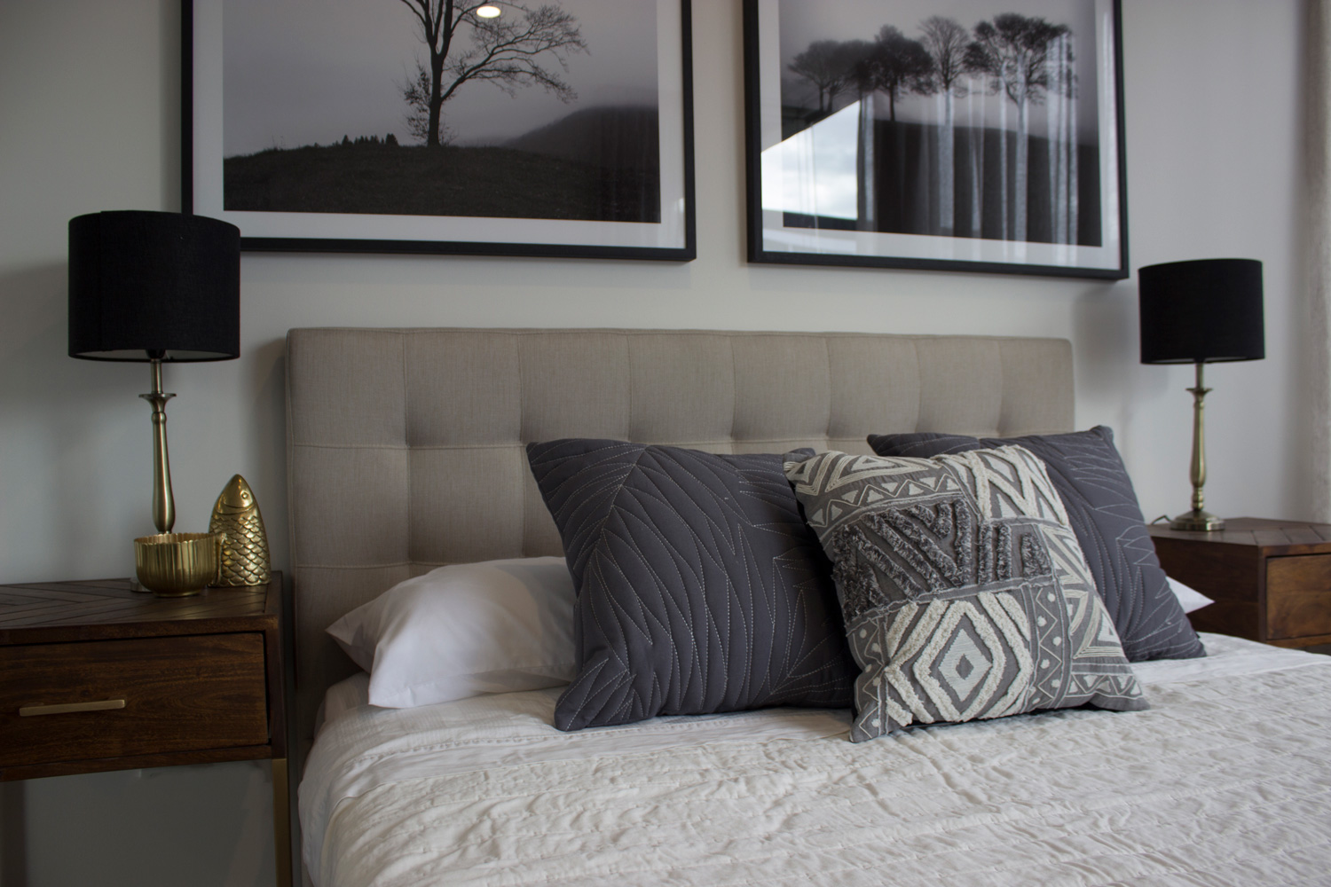How many cushions look good on a bed Apartment living Apartment style Modern Australian bedroom Pattered cushions White bedlinen Linen house sheets Interior design fees Melbourne Purple cushion 2-bedroom apartment ideas Bedroom luxury interior design Simple bedroom ideas Simple bedroom interior design Design ideas for master bedroom Interior design ideas Bedroom interior design Bedroom interior colour design