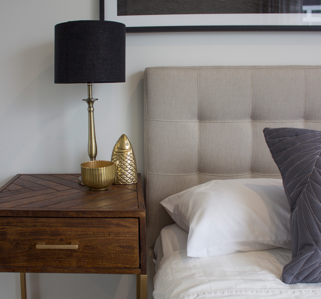 Brass accessories Timber side table Bedside tables for small rooms Small bedside table Interior design fee schedule Alexander Pollock Bedlinen White sheets Brass handles