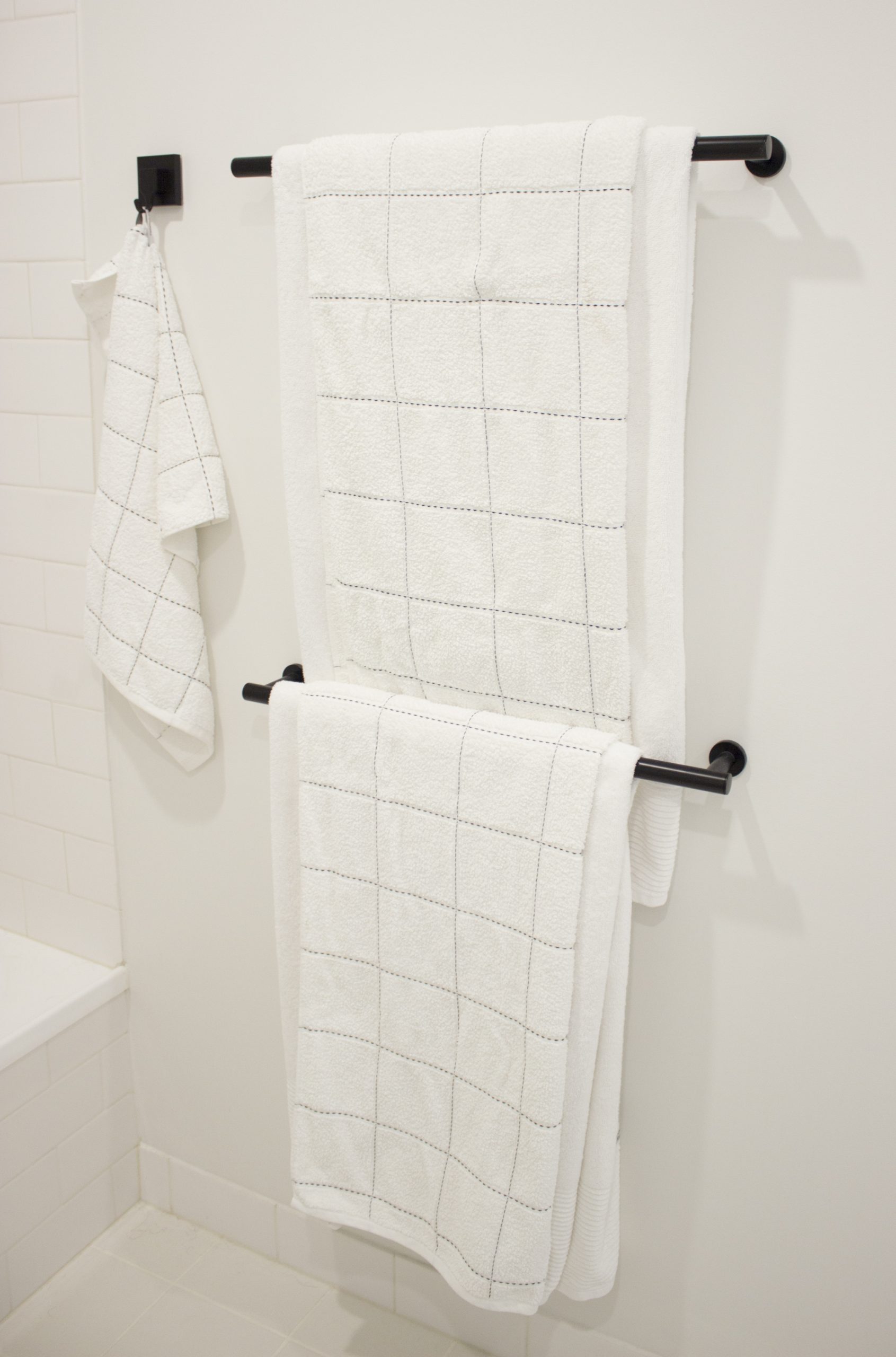 White towels L&M home Linen house bathroom towels Linen house Reece Towel rail Black towel rail